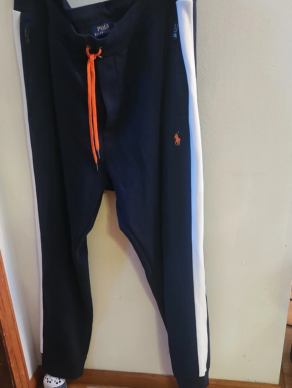 Polo by Ralph Lauren Navy Joggers with White Side Stripes and Orange Drawcord